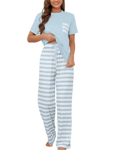 Schlafanzug Damen Baumwolle Pyjama Set Kurzarm/Lange Ärmel Nachtwäsche Zweiteiliger Sleepwear Soft Loungewear Hausanzug mit Gestreifte Hose S-XXL von Heersan
