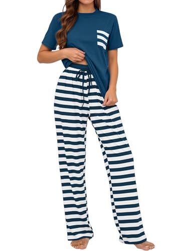 Schlafanzug Damen Baumwolle Pyjama Set Kurzarm/Lange Ärmel Nachtwäsche Zweiteiliger Sleepwear Soft Loungewear Hausanzug mit Gestreifte Hose S-XXL von Heersan