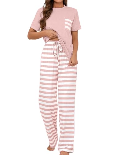 Schlafanzug Damen Baumwolle Pyjama Set Kurzarm/Lange Ärmel Nachtwäsche Zweiteiliger Sleepwear Soft Loungewear Hausanzug mit Gestreifte Hose S-XXL von Heersan