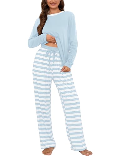 Schlafanzug Damen Lang Pyjama Set Herbst Winter Nachtwäsche Zweiteiliger Sleepwear Soft Loungewear Hausanzug mit Gestreifte Hose S-XXL von Heersan