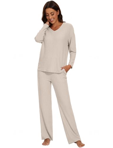 Schlafanzug Damen Lang Zweiteiler Nachtwäsche Set Warm Pyjama mit V-Ausschnitt Top und Hosen mit Taschen Mode Loungewear Frau Sleepwear Home Set Herbst- und Winterpyjamas XS-XL von Heersan