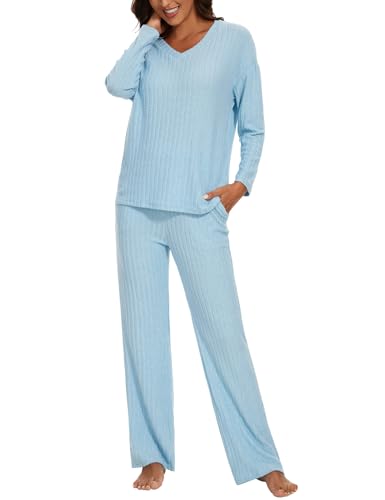 Schlafanzug Damen Lang Zweiteiler Nachtwäsche Warm Pyjama Set mit V-Ausschnitt Top und Hosen mit Taschen Mode Loungewear Frau Sleepwear Home Set Herbst- und Winterpyjamas XS-XL von Heersan