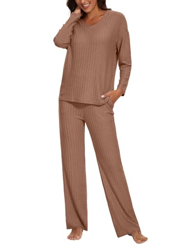 Schlafanzug Damen Lang Zweiteiler Nachtwäsche Warm Pyjama Set mit V-Ausschnitt Top und Hosen mit Taschen Mode Loungewear Frau Sleepwear Home Set Herbst- und Winterpyjamas XS-XL von Heersan