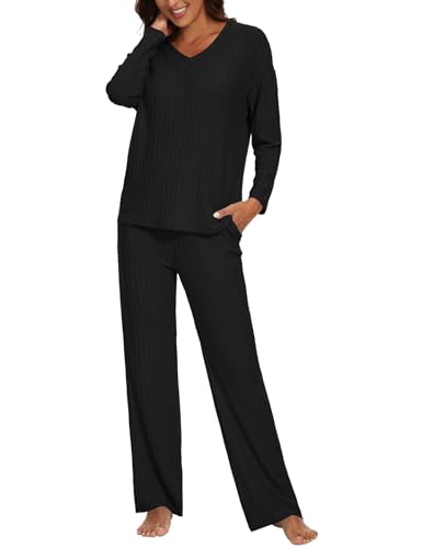 Schlafanzug Damen Lang Zweiteiler Nachtwäsche Warm Pyjama Set mit V-Ausschnitt Top und Hosen mit Taschen Mode Loungewear Frau Sleepwear Home Set Herbst- und Winterpyjamas XS-XL von Heersan