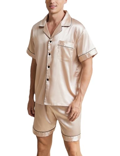 Schlafanzug Herren Sommer Pyjama Set aus Satin Kurz Shorty Nachtwäsche Set Oberteile und Kurze Hosen Schlafanzüge Männer, M-XXL von Heersan