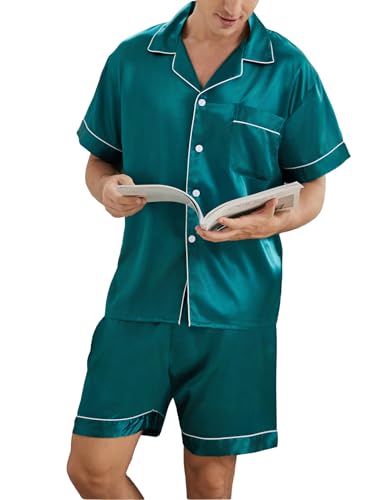 Schlafanzug Herren Sommer Pyjama Set aus Satin Kurz Shorty Nachtwäsche Set Oberteile und Kurze Hosen Schlafanzüge Männer, M-XXL von Heersan