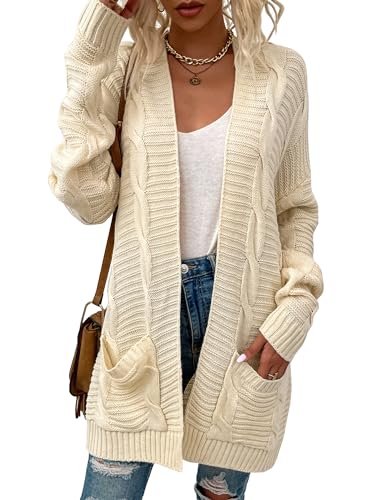 Strickjacke Damen Grobstrick-Cardigan Lang Herbst Winter Grobstrickjacke Strickmantel mit Taschen Strickcardigan Elegant Schulterjacke Top Open Front Sweater Casual Outerwear von Heersan