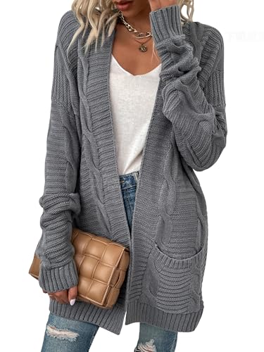 Strickjacke Damen Grobstrick-Cardigan Lang Herbst Winter Grobstrickjacke Strickmantel mit Taschen Strickcardigan Elegant Schulterjacke Top Open Front Sweater Casual Outerwear von Heersan