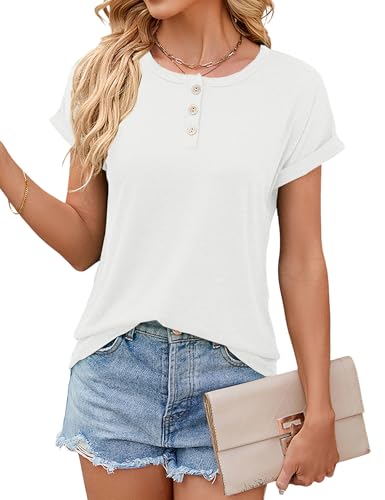 T Shirts für Damen Sommer Oberteile Kurzarm Elegant Klassischer Rundhalsausschnitt Shirt mit Tasten Basic Tops Casual Blusen Freizeit Tunika von Heersan