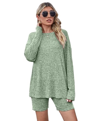 Zweiteiler Damen Pyjama Set Freizeit Set Einfarbig Loungewear Set Shorts und Frauen Rundhals Top Schlafanzug Sets Mode Outfit Damen Rippenstrick Set Home Set S-XXL von Heersan