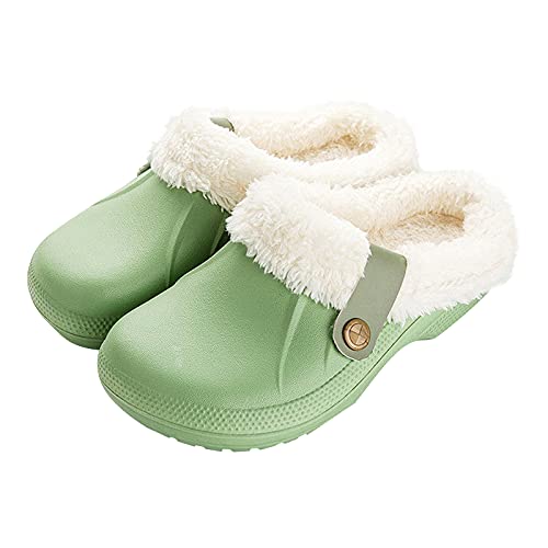 Heflashor Clogs Hausschuhe Herren Damen Winter Gartenschuhe Gefüttert Plüsch Gartenclogs Warme Pantoffeln Wasserdicht Winterschuhe rutschfeste Schlappen(Grün，39/40 EU) von Heflashor