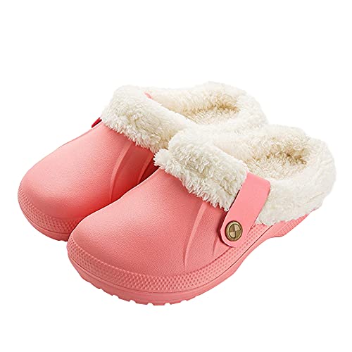 Heflashor Clogs Hausschuhe Herren Damen Winter Gartenschuhe Gefüttert Plüsch Gartenclogs Warme Pantoffeln Wasserdicht Winterschuhe rutschfeste Schlappen(Rosa，35/36 EU) von Heflashor