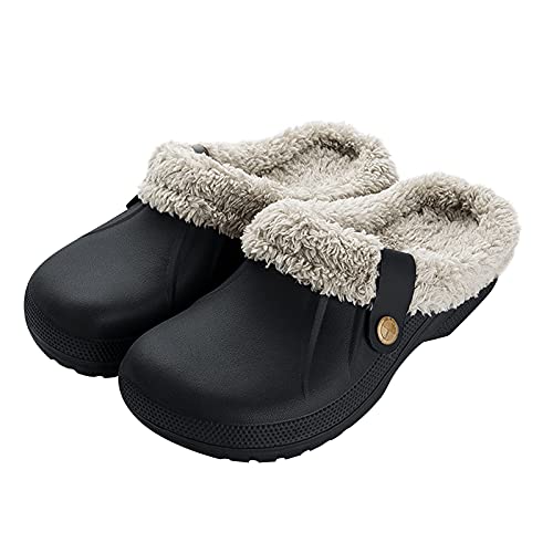 Heflashor Clogs Hausschuhe Herren Damen Winter Gartenschuhe Gefüttert Plüsch Gartenclogs Warme Pantoffeln Wasserdicht Winterschuhe rutschfeste Schlappen(Schwarz，41/42 EU) von Heflashor