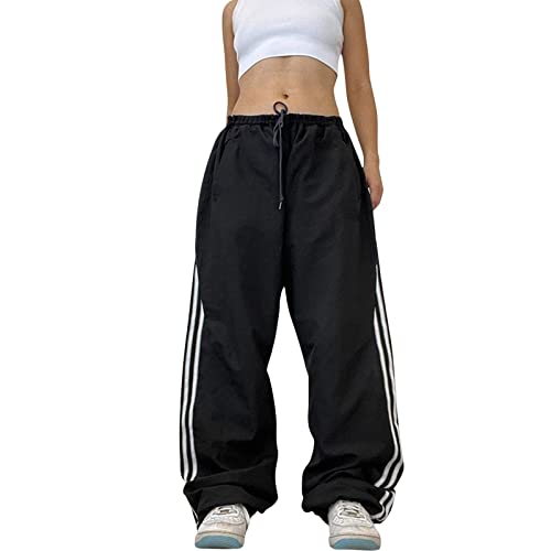 Heflashor Damen Cargohose Baggy Hose Low Waist Y2K Track Pants Hippie Jogginghose Freizeithose mit Taschen Harajuku Streetwear,Schwarz Streifen,S von Heflashor