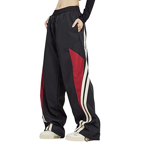 Heflashor Damen Cargohose Baggy Hose Low Waist Y2K Track Pants Hippie Jogginghose Freizeithose mit Taschen Harajuku Streetwear,Schwarz und Rot,M von Heflashor