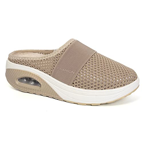 Heflashor Damen Clogs Hausschuhe Slip On Atmungsaktiv Mesh Pantoletten Sommer Leichte Slippers rutschfest Sandalen Freizeit Schuhe,Khaki,40 EU von Heflashor