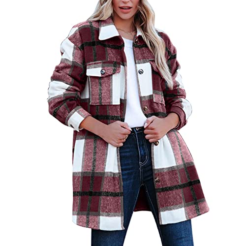 Heflashor Damen Jacke Lange Karierte Hemdjacke Holzfällerjacke Übergangsjacke Langarm Hemdbluse Jacke Wintermantel Casual Outwear,D-Weinrot,M von Heflashor