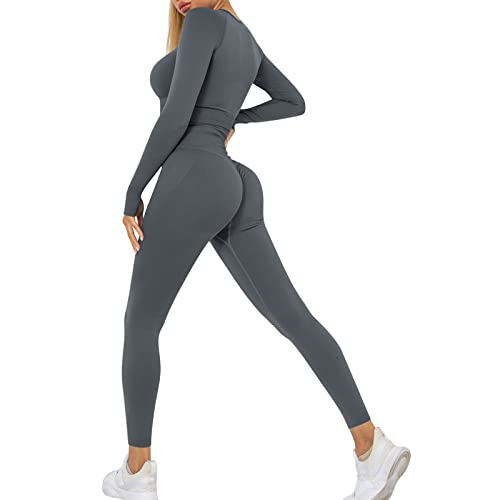 Heflashor Damen Sportanzug Trainingsanzug Jogginganzug 2 Teilig Bauchfrei Langarmshirt +Push up Leggings Sportbekleidung Set Yoga Outfit Freizeitanzug,Dunkelgrau,L von Heflashor