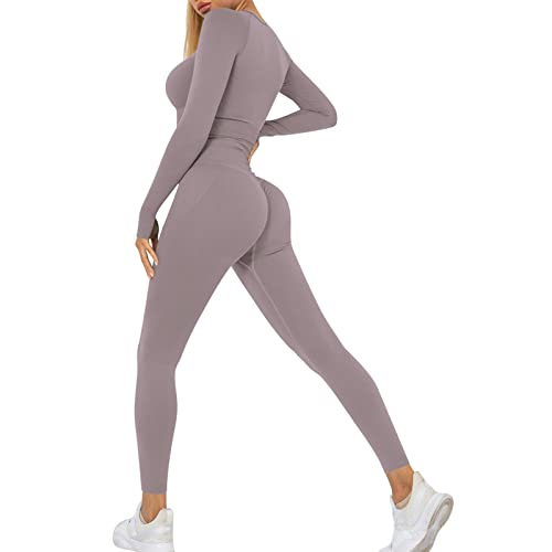 Heflashor Damen Sportanzug Trainingsanzug Jogginganzug 2 Teilig Bauchfrei Langarmshirt +Push up Leggings Sportbekleidung Set Yoga Outfit Freizeitanzug,Dunkellila,L von Heflashor