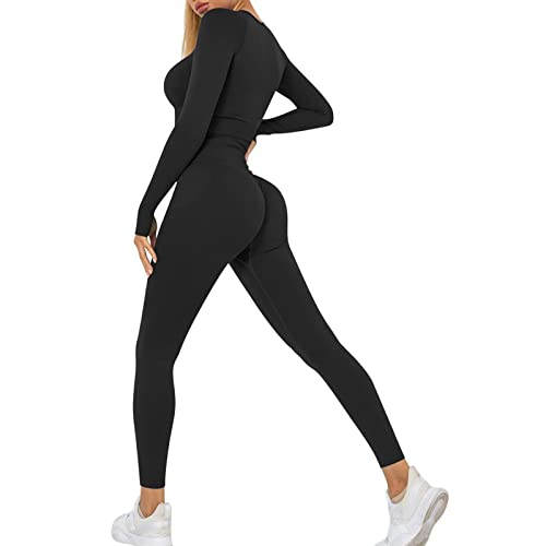 Heflashor Damen Sportanzug Trainingsanzug Jogginganzug 2 Teilig Bauchfrei Langarmshirt +Push up Leggings Sportbekleidung Set Yoga Outfit Freizeitanzug,Schwarz,L von Heflashor