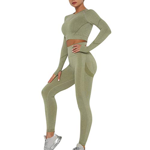 Heflashor Damen Sportanzug Trainingsanzug Jogginganzug 2 Teilig Bauchfrei Langarmshirt +Push up Leggings Sportbekleidung Set Yoga Outfit Freizeitanzug,Armeegrün-3,L von Heflashor