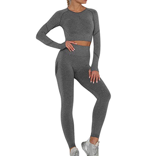 Heflashor Damen Sportanzug Trainingsanzug Jogginganzug 2 Teilig Bauchfrei Langarmshirt +Push up Leggings Sportbekleidung Set Yoga Outfit Freizeitanzug,Dunkelgrau-3,M von Heflashor