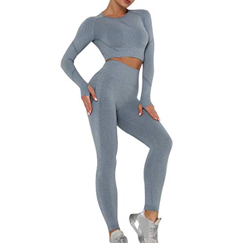 Heflashor Damen Sportanzug Trainingsanzug Jogginganzug 2 Teilig Bauchfrei Langarmshirt +Push up Leggings Sportbekleidung Set Yoga Outfit Freizeitanzug,Blau-3,L von Heflashor