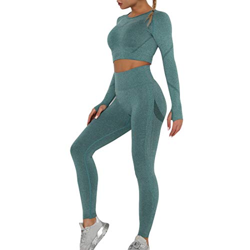 Heflashor Damen Sportanzug Trainingsanzug Jogginganzug 2 Teilig Bauchfrei Langarmshirt +Push up Leggings Sportbekleidung Set Yoga Outfit Freizeitanzug,Grün-3,M von Heflashor