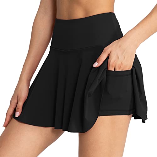 Heflashor Damen Tennisröcke Hohe Taille Tennis Skort mit Hose Plissiert Minirock Sport Golfrock Workout Running Rock Sommerrock Skirt mit Taschen,A-Schwarz,L von Heflashor