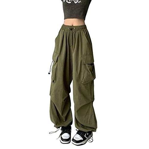 Heflashor Fallschirmhosen Teenager Damen Cargohose Baggy Hose Low Waist Y2K Track Pants Hippie Jogginghose Freizeithose Harajuku Streetwear(Armeegrün，XXS) von Heflashor