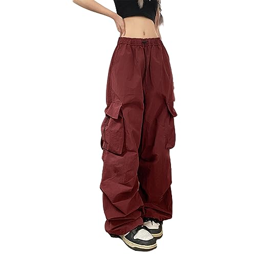 Heflashor Fallschirmhosen Teenager Damen Cargohose Baggy Hose Low Waist Y2K Track Pants Hippie Jogginghose Freizeithose Harajuku Streetwear(Dunkelrot，M) von Heflashor