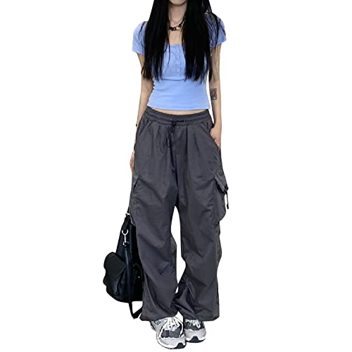 Heflashor Fallschirmhosen Teenager Damen Cargohose Baggy Hose Low Waist Y2K Track Pants Hippie Jogginghose Freizeithose Harajuku Streetwear(Grau，XS) von Heflashor