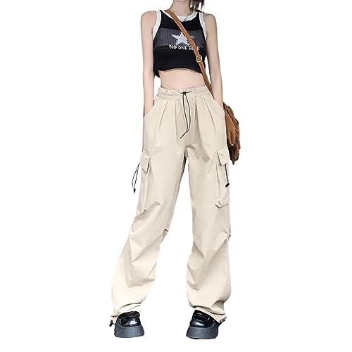 Heflashor Fallschirmhosen Teenager Damen Cargohose Baggy Hose Low Waist Y2K Track Pants Hippie Jogginghose Freizeithose Harajuku Streetwear(Khaki，S) von Heflashor