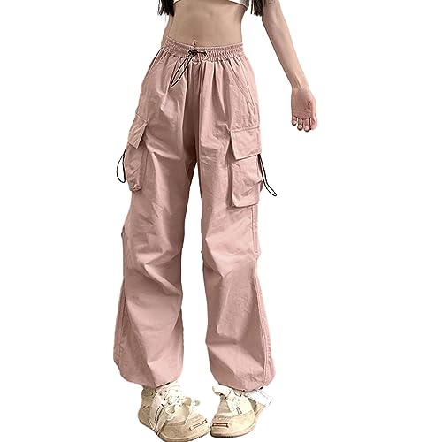 Heflashor Fallschirmhosen Teenager Damen Cargohose Baggy Hose Low Waist Y2K Track Pants Hippie Jogginghose Freizeithose Harajuku Streetwear(Rosa，XXS) von Heflashor