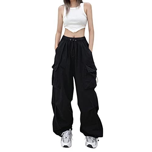 Heflashor Fallschirmhosen Teenager Damen Cargohose Baggy Hose Low Waist Y2K Track Pants Hippie Jogginghose Freizeithose Harajuku Streetwear(Schwarz，L) von Heflashor