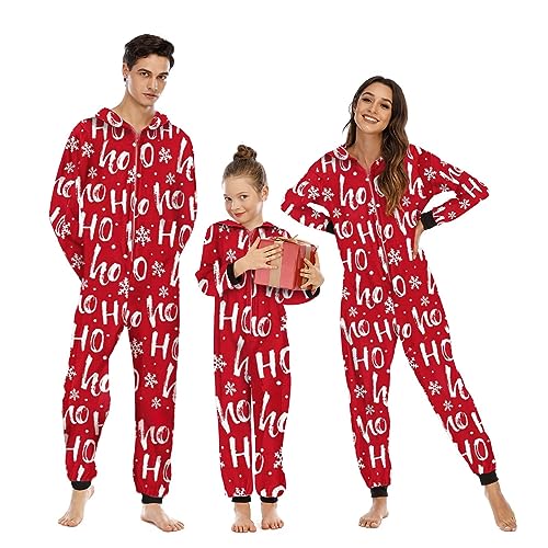 Heflashor Familien Weihnachten Schlafanzug lang Weihnachtspyjama Familie Outfit Einteiler Jumpsuit mit Elch Hut Mode Hausanzug Freizeitanzug,Damen,Rot Buchstaben,S von Heflashor