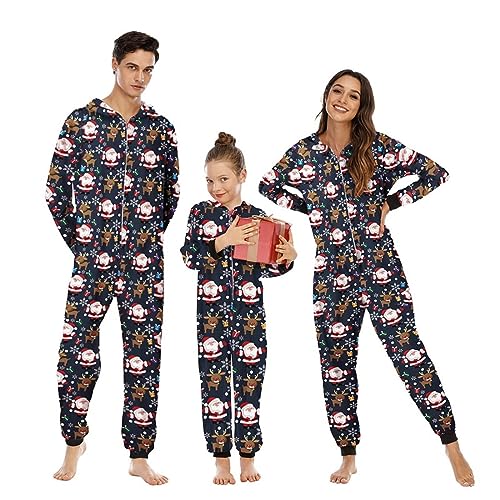 Heflashor Familien Weihnachten Schlafanzug lang Weihnachtspyjama Familie Outfit Einteiler Jumpsuit mit Elch Hut Mode Hausanzug Freizeitanzug,Herren,Marine Weihnachtsmann,XXL von Heflashor