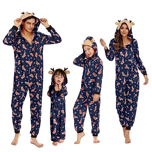 Heflashor Familien Weihnachten Schlafanzug lang Weihnachtspyjama Familie Outfit Einteiler Jumpsuit mit Elch Hut Mode Hausanzug Freizeitanzug,Mutter-Blau,M von Heflashor