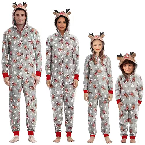 Heflashor Familien Weihnachten Schlafanzug lang Weihnachtspyjama Familie Outfit Einteiler Jumpsuit mit Elch Hut Mode Hausanzug Freizeitanzug,Mutter-Grau,S von Heflashor