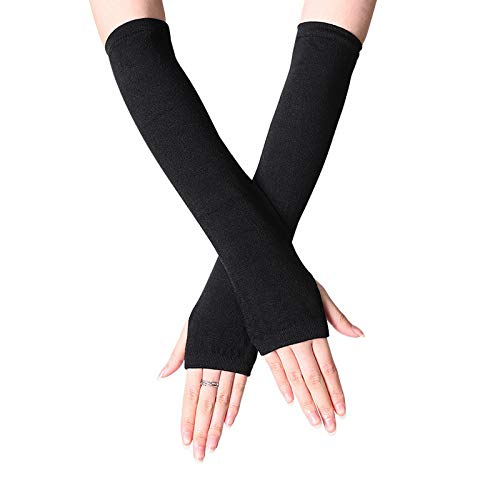 Heflashor Gestrickte Fingerlose Handschuhe Damen Armstulpen Feinstrick lang Handwärmer Stulpen Winterhandschuhe Pluswärmer Handstulpen Armwärmer Stulpen (Schwarz，One Size) von Heflashor