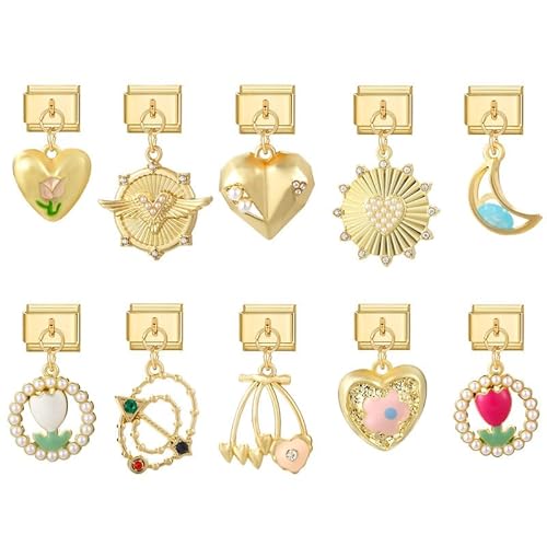 Heflashor Italian Charm Bracelet Gold Italian Charms mit Anhänger DIY Abnehmbar 9mm Edelstahl Module für Italienische Armbänder Geschenk für Frauen Mädchen von Heflashor