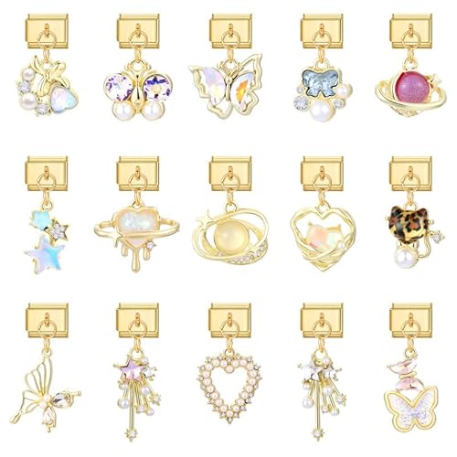 Heflashor Italian Charm Bracelet Gold Italian Charms mit Anhänger DIY Abnehmbar 9mm Edelstahl Module für Italienische Armbänder Geschenk für Frauen Mädchen von Heflashor