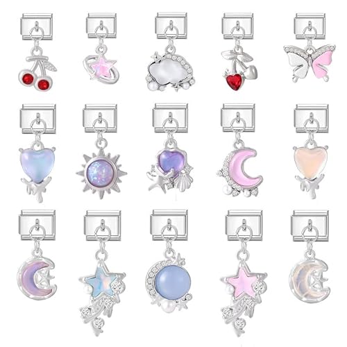 Heflashor Italian Charm Bracelet Sliber Italian Charms mit Anhänger DIY Abnehmbar 9mm Edelstahl Module für Italienische Armbänder Geschenk für Frauen Mädchen von Heflashor