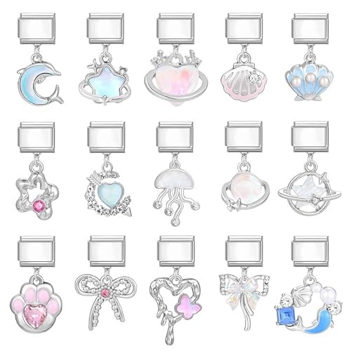 Heflashor Italian Charm Bracelet Sliber Italian Charms mit Anhänger DIY Abnehmbar 9mm Edelstahl Module für Italienische Armbänder Geschenk für Frauen Mädchen von Heflashor