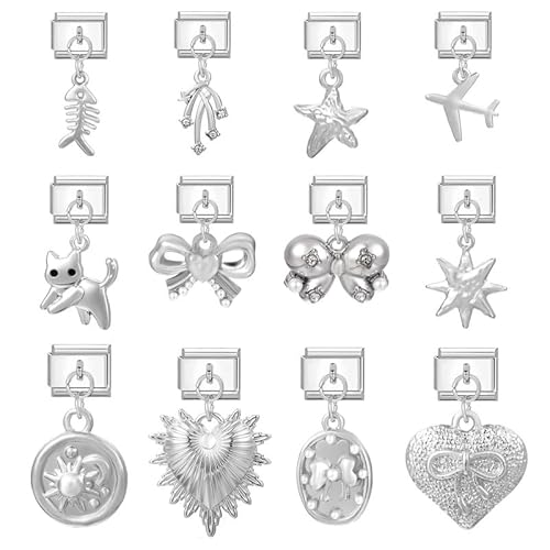 Heflashor Italian Charm Bracelet Sliber Italian Charms mit Anhänger DIY Abnehmbar 9mm Edelstahl Module für Italienische Armbänder Geschenk für Frauen Mädchen von Heflashor