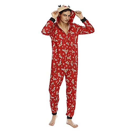 Heflashor Familien Weihnachten Schlafanzug lang Weihnachtspyjama Familie Outfit Einteiler Jumpsuit mit Elch Hut Mode Hausanzug Freizeitanzug,Vater-Rot,XL von Heflashor