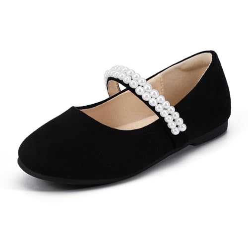 Hehainom Kleinkind Blumen Mädchen Kleid Schuhe Mary Jane Prinzessin Ballerinas mit Schleife und Peals für Party Schule, Black Suede R, 22.5 EU von Hehainom