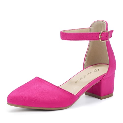 Hehainom Mädchen Kleid Schuhe High Heels Sandalen Knöchelriemen Blumenmädchen Little Big Kid Mary Jane Hochzeit Party Kommunion Mily Pumps Schuhe, Fuchsiasuede, 5 Big Kid von Hehainom