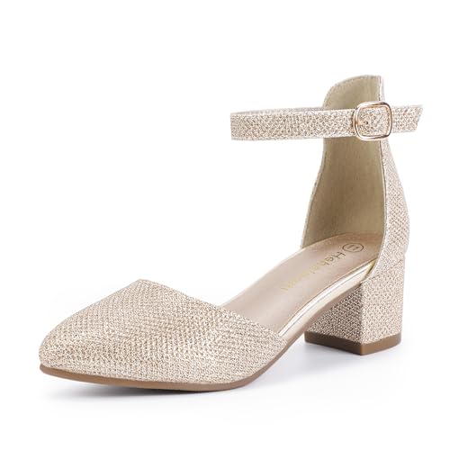 Hehainom Mädchen Kleid Schuhe High Heels Sandalen Knöchelriemen Blumenmädchen Little Big Kid Mary Jane Hochzeit Party Kommunion Mily Pumps Schuhe, Gold / Glitzer, 4 Big Kid von Hehainom