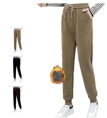 Hehimin Damen Warme Plüsch Cord Jogger Hose, doppellagig, dicke Kaschmirhose, hohe Taille, lässige Baumwollhose mit Taschen, khaki, XXL von Hehimin